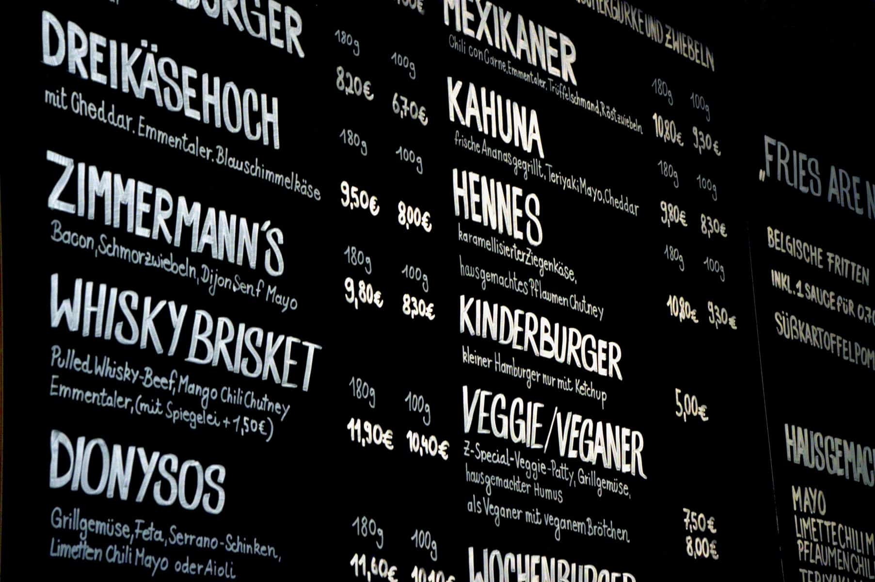 Speisekarte in Zimmermanns Burger Köln Speisekarte in Zimmermanns Burger Köln