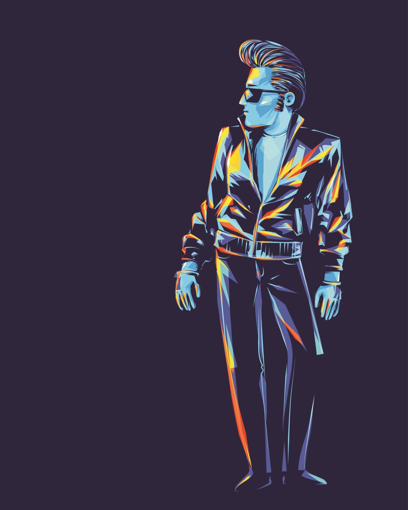 Illustration Mann im Rockabilly Stil mit Lederjacke, Sonnenbrille, Tolle und Steghose