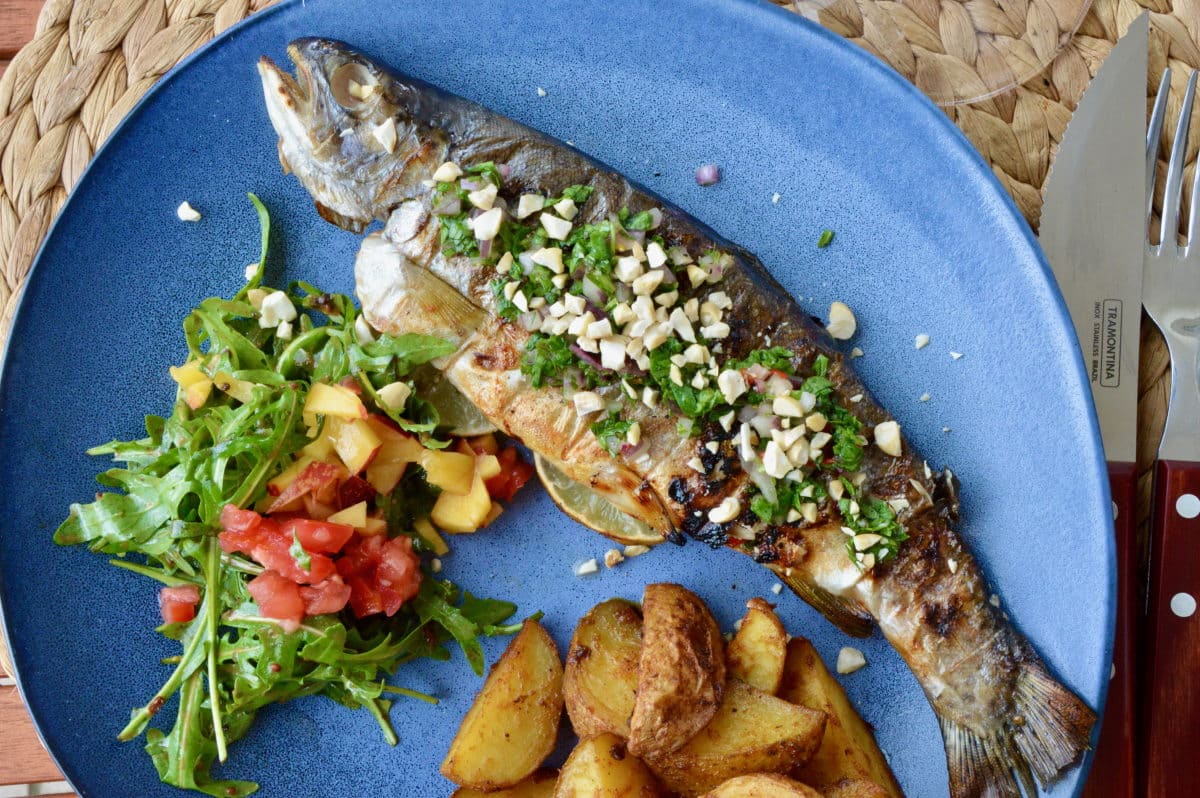 Gegrillte Forelle mit Ruccola Füllung fertig serviert Gegrillte Forelle auf blauem Teller mit Kartoffeln und Salat