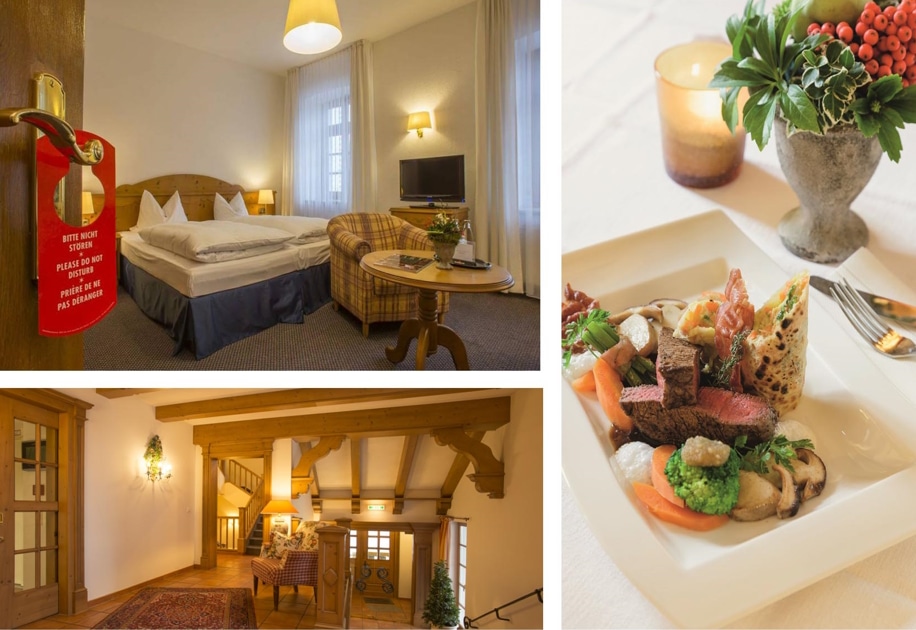 Bildcollage Landhotel Donner mit Zimmer und Foodbild