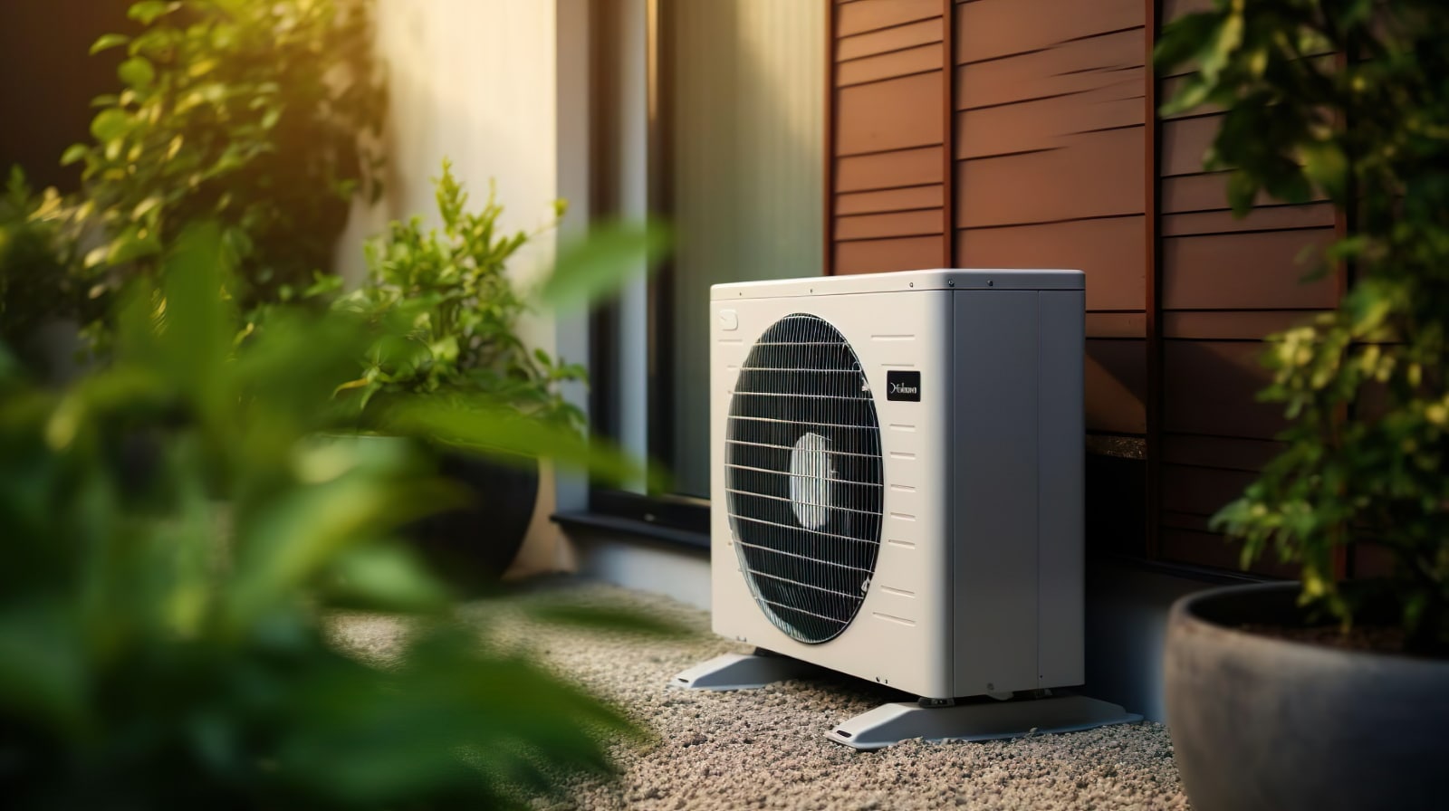 wärmepumpe Wärmepumpe vor dem Terrasseneingang eines Einfamilienhauses