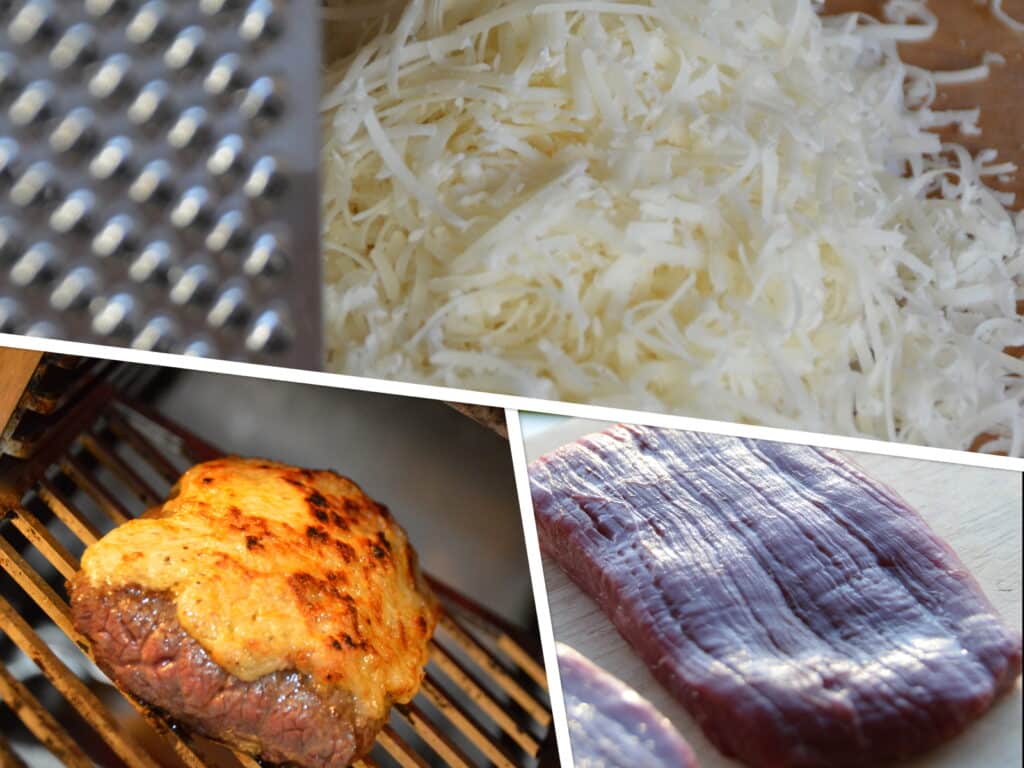 collage2 Collage Parmesankäse gehobe mit Reibe, Flanksteak mit Käsekruste überbacken und Flanksteak roh