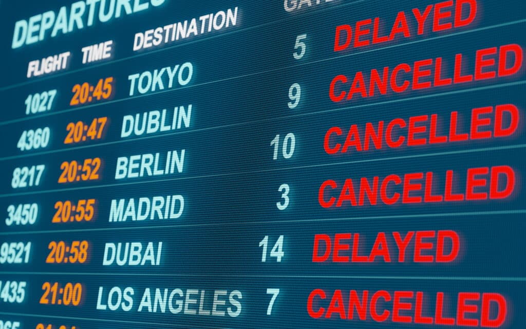 Flight-delay Anzeigetafel am Flughafen mit verspäteten und gestrichenen Flügen
