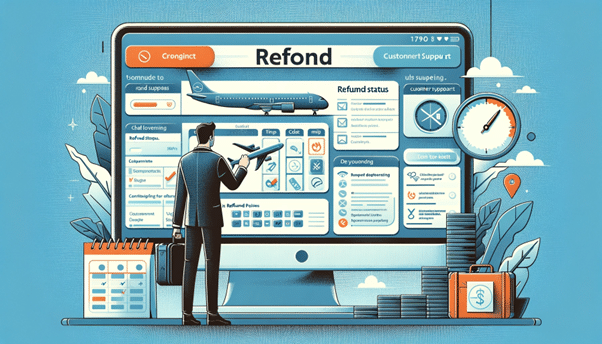 Refund KI generierte Illustration: Mann mit Koffer steht vor überlebensgroßem Computer Bildschirm auf dem ein Forumular einer Airline für Rückerstattung zu sehen ist.