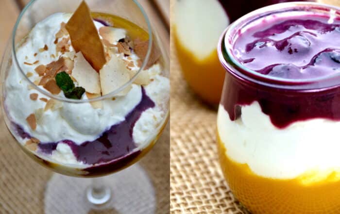 Bildcollage der Mango-Blaubeer Dessert Serviervariationen im Stilglas und Dessertglas - Mango-Blaubeer-Trifle