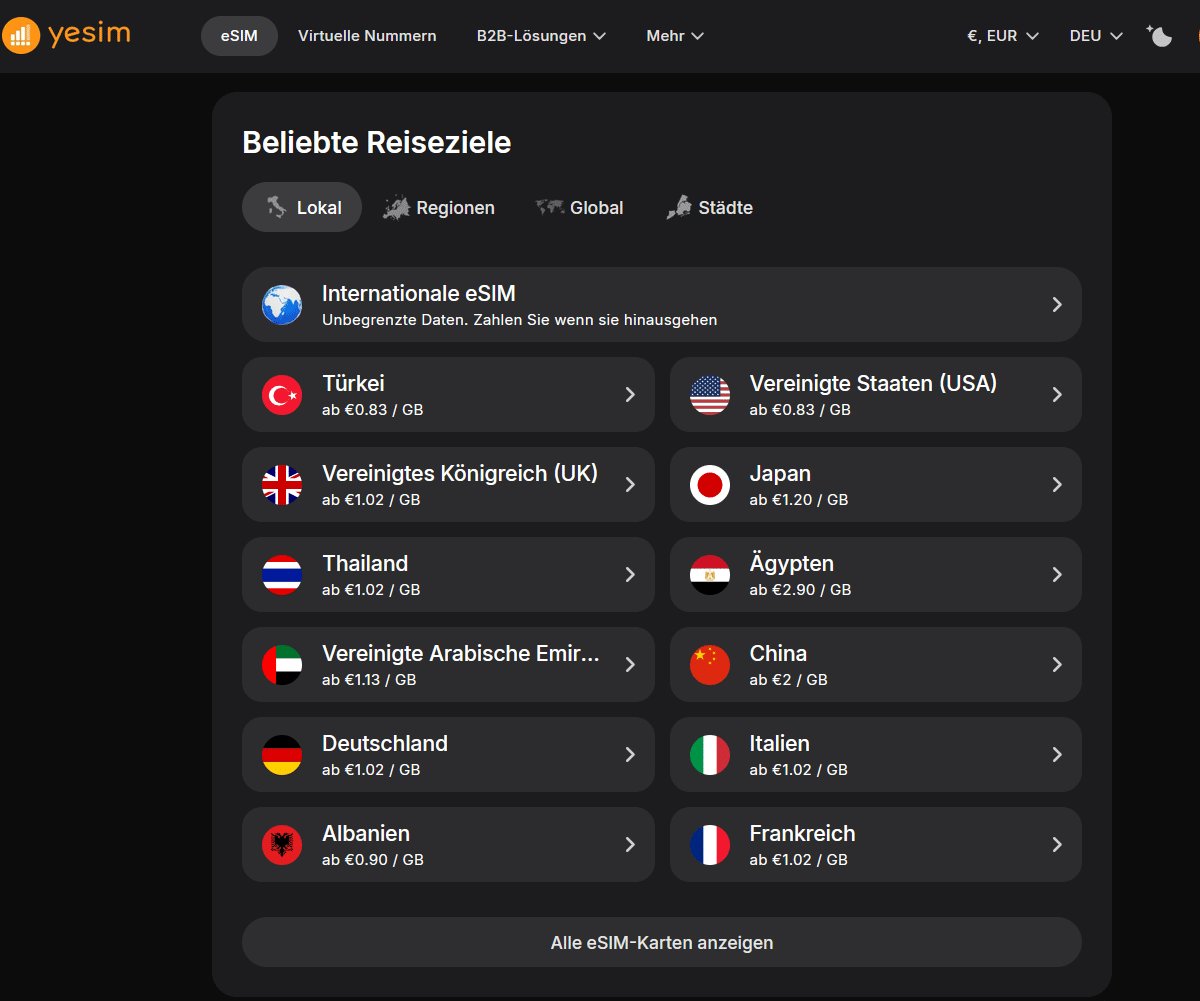 app screen 1 Screenshot einer mobilen App mit den Preisen für internationales roaming