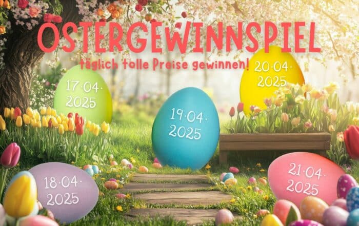 5 übergroße Ostereier in verschiedenen Pastellfarben stehen in einem Garten mit blühenden Tukpen und Narzissen unter einem Baum voll weißer Blüten.