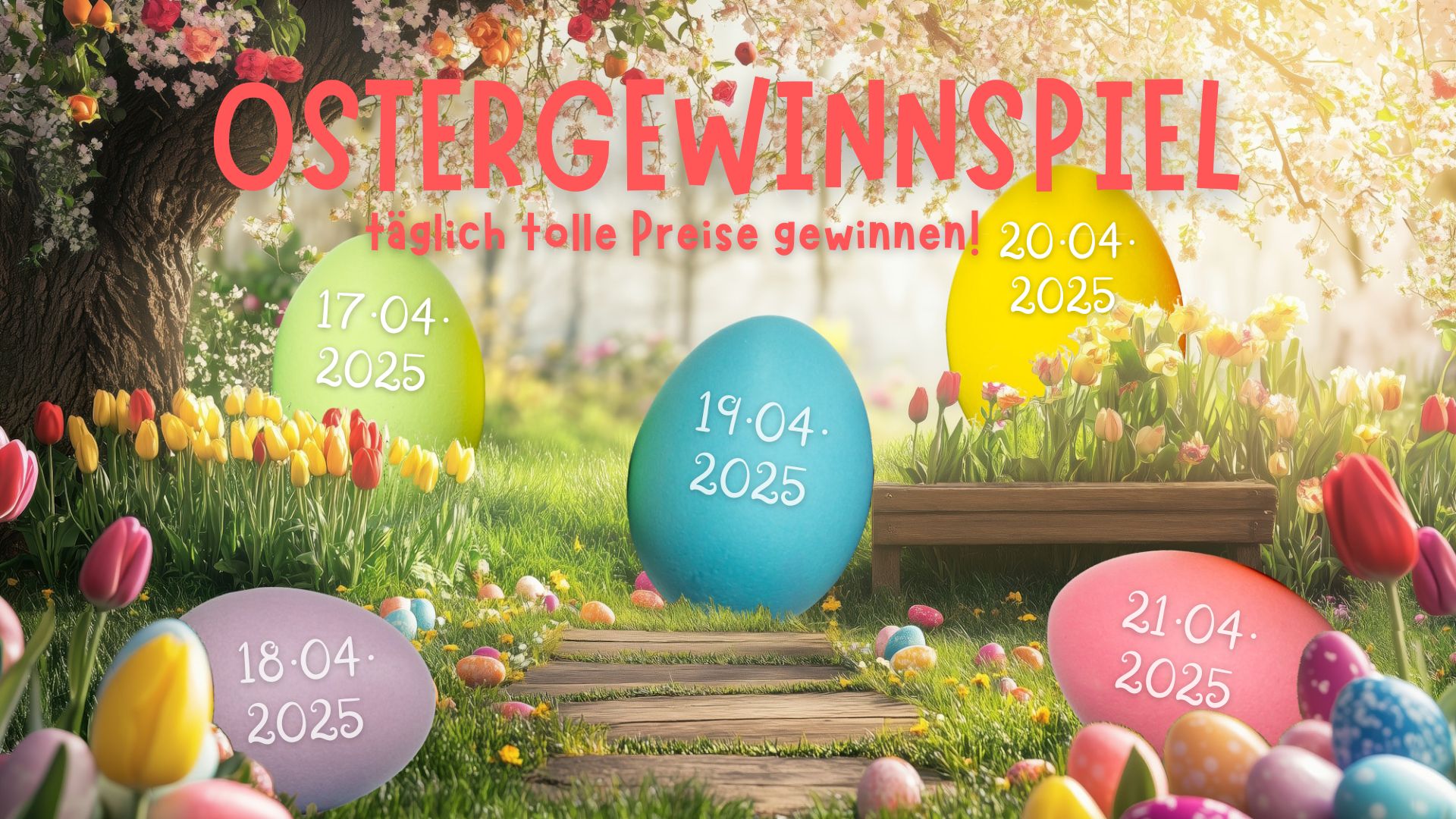 5 übergroße Ostereier in verschiedenen Pastellfarben stehen in einem Garten mit blühenden Tukpen und Narzissen unter einem Baum voll weißer Blüten.