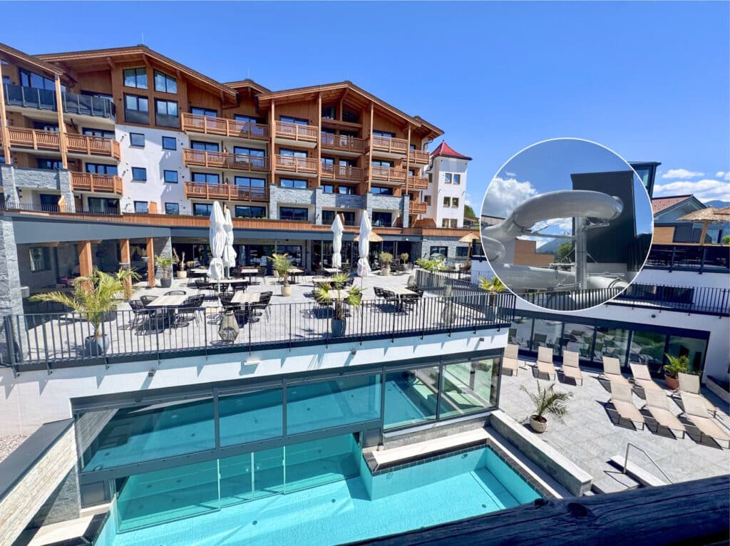 Hausansicht Ferienwelt Kesselgrub mit Pool und Wasserrutsche