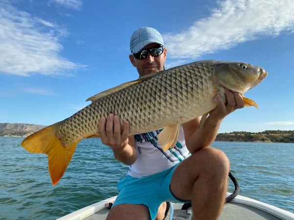 Angler mit großem Fisch Angler im Boot, der einen großen Fisch in beiden Händen hält