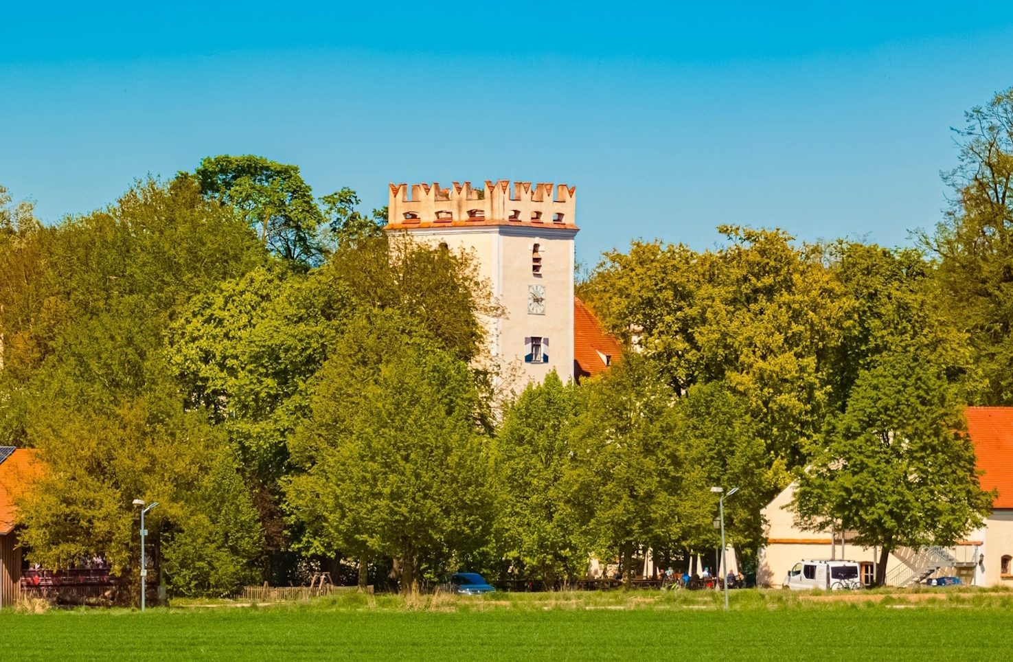 Spring landscape on a sunny day with a castle tower at Mariakirchen, Arnstorf, Rottal Inn, Bavaria, Germany