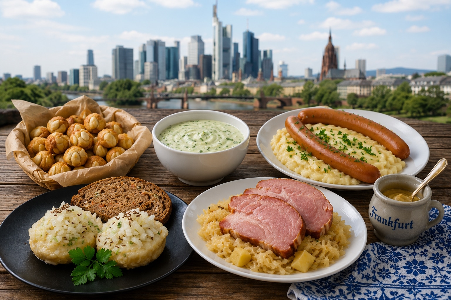Frankfurter Spezialitäten vor der Skyline Frankfurts KI-generiert