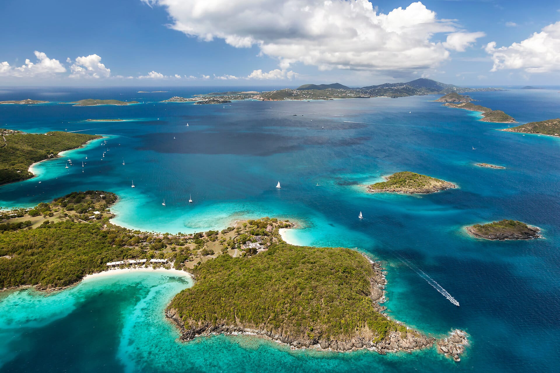 Caneel Bay Aerial Aerial view of Caneel Bay on the island of St. John with St. Thomas in the distance in the United States Virgin Islands.